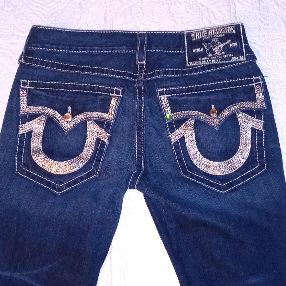True religion jeans dark blue size 34/34 rhinestone detail